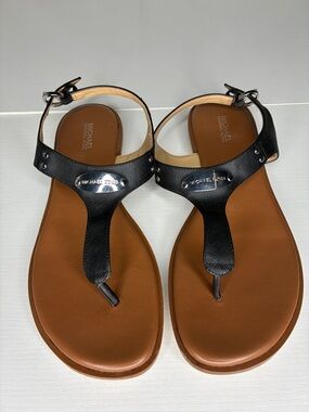 Michael Kors Black Leather T-Strap Sandals with Brown Footbed